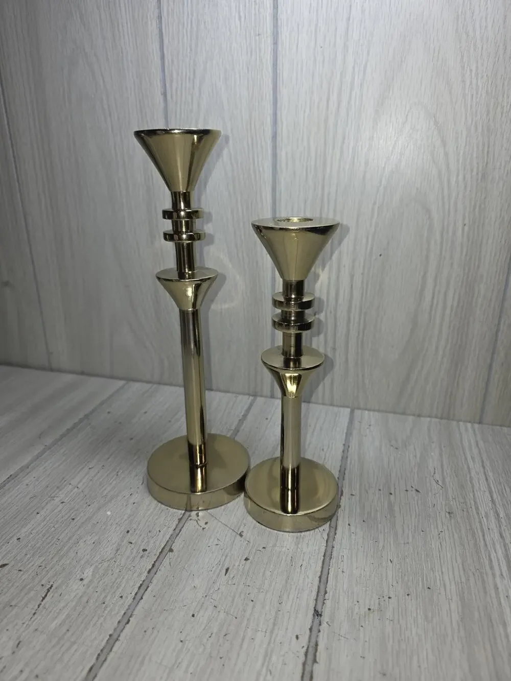 Vtg Brass Tapered Candle Sticks 2 Disc Ring Detail Set Of 2 Regency Gothic Event
